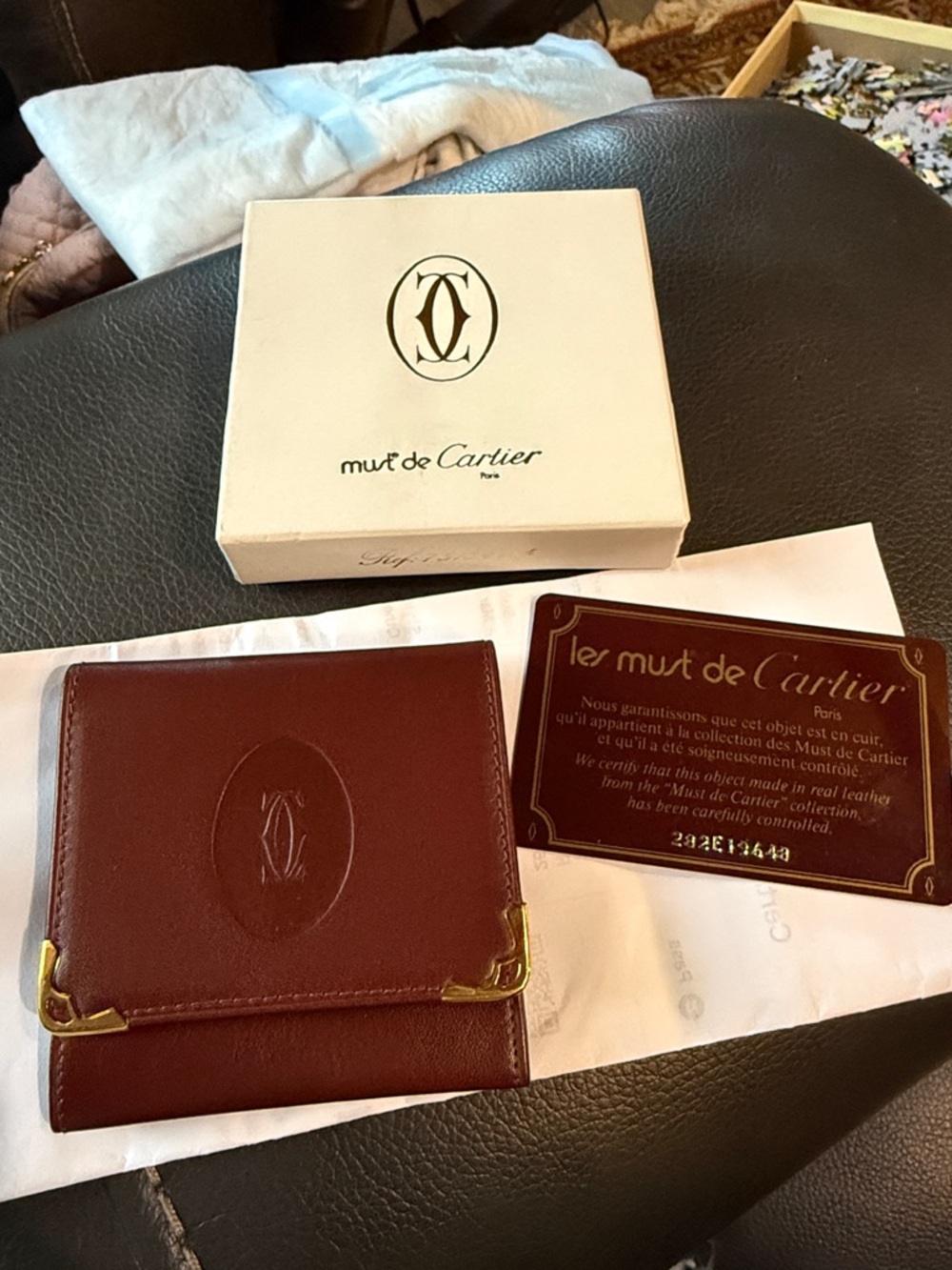 Cartier Burgundy Leather Coin Holder with Gold-Tone Corners Bordeaux